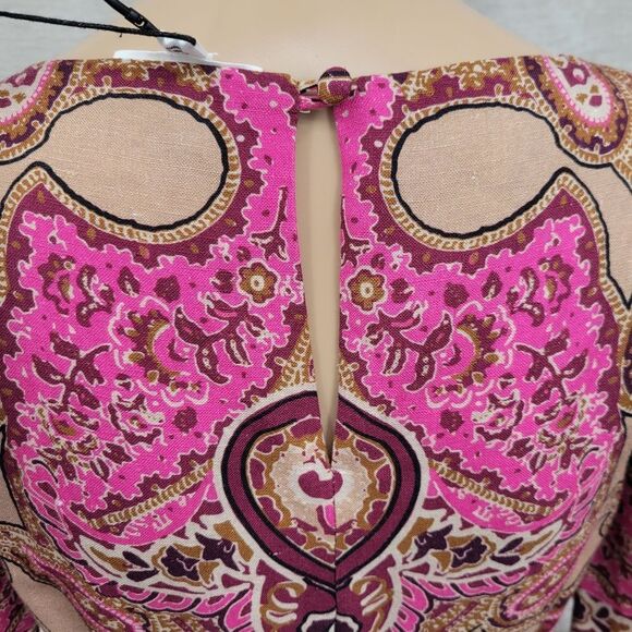 A Loves A Linen Blend Pink Tan Burgundy Paisley Printed Long Sleeve Maxi Dress - Picture 11 of 16